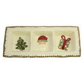 Petisqueira Retangular Tripla de Cerâmica Natalina 35cm x 16cm x 3,5cm - Ela Decora